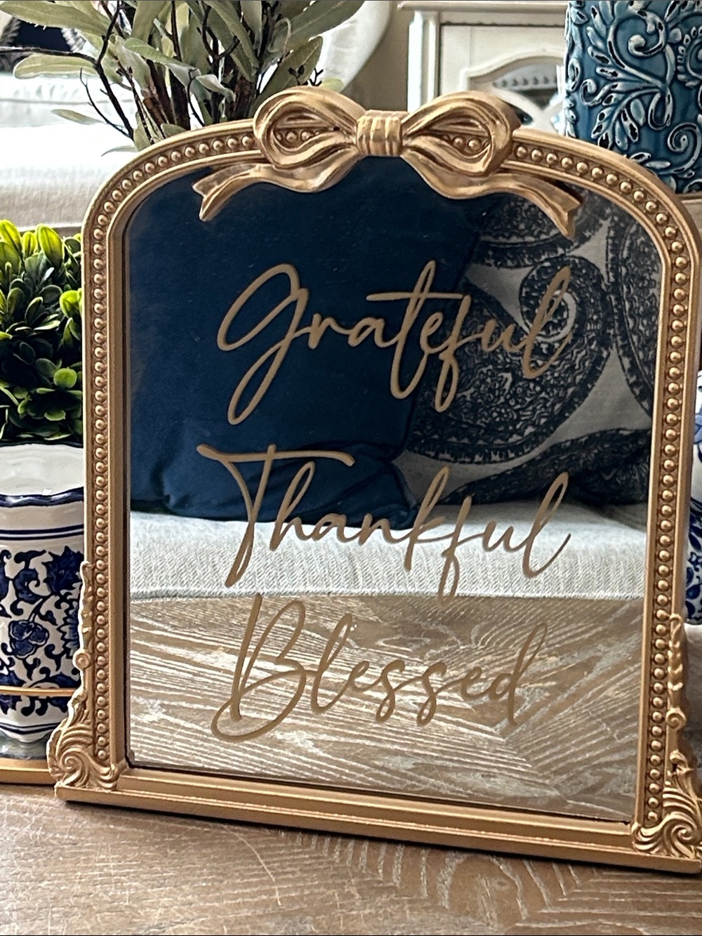 NEW! Vintage Ornate Gold Bow Fall Harvest Mirror Grateful Thankful Blessed